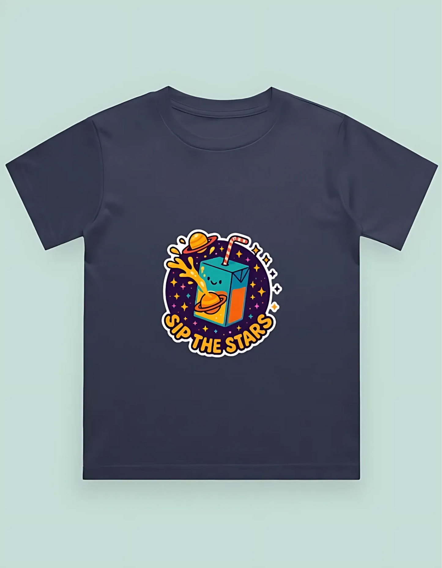 Boys’ Classic Cotton T-Shirt – “Sip the Stars” Space Juice Box Print | 180 GSM | 100% Super Combed Cotton | Fun Unisex Fit