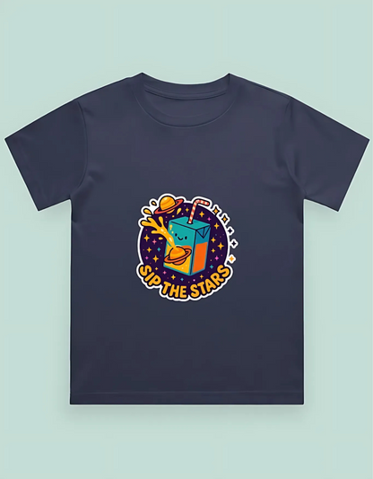Boys’ Classic Cotton T-Shirt – “Sip the Stars” Space Juice Box Print | 180 GSM | 100% Super Combed Cotton | Fun Unisex Fit