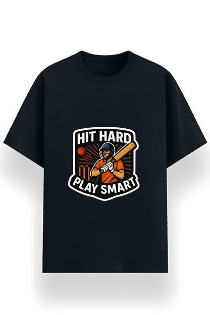 Hit Hard Play Smart Cricket Graphic Men’s T-Shirt – 180 GSM | Poly Cotton | Recycled Fabric | Unisex Fit