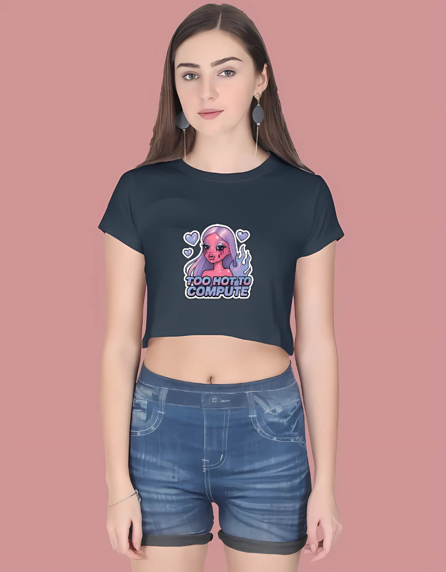 Women’s Cotton Crop Top – “Too Hot To Compute” Futuristic Barbie Print | 180 GSM | Trendy Streetwear Style