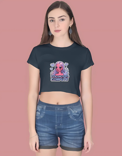 Women’s Cotton Crop Top – “Too Hot To Compute” Futuristic Barbie Print | 180 GSM | Trendy Streetwear Style