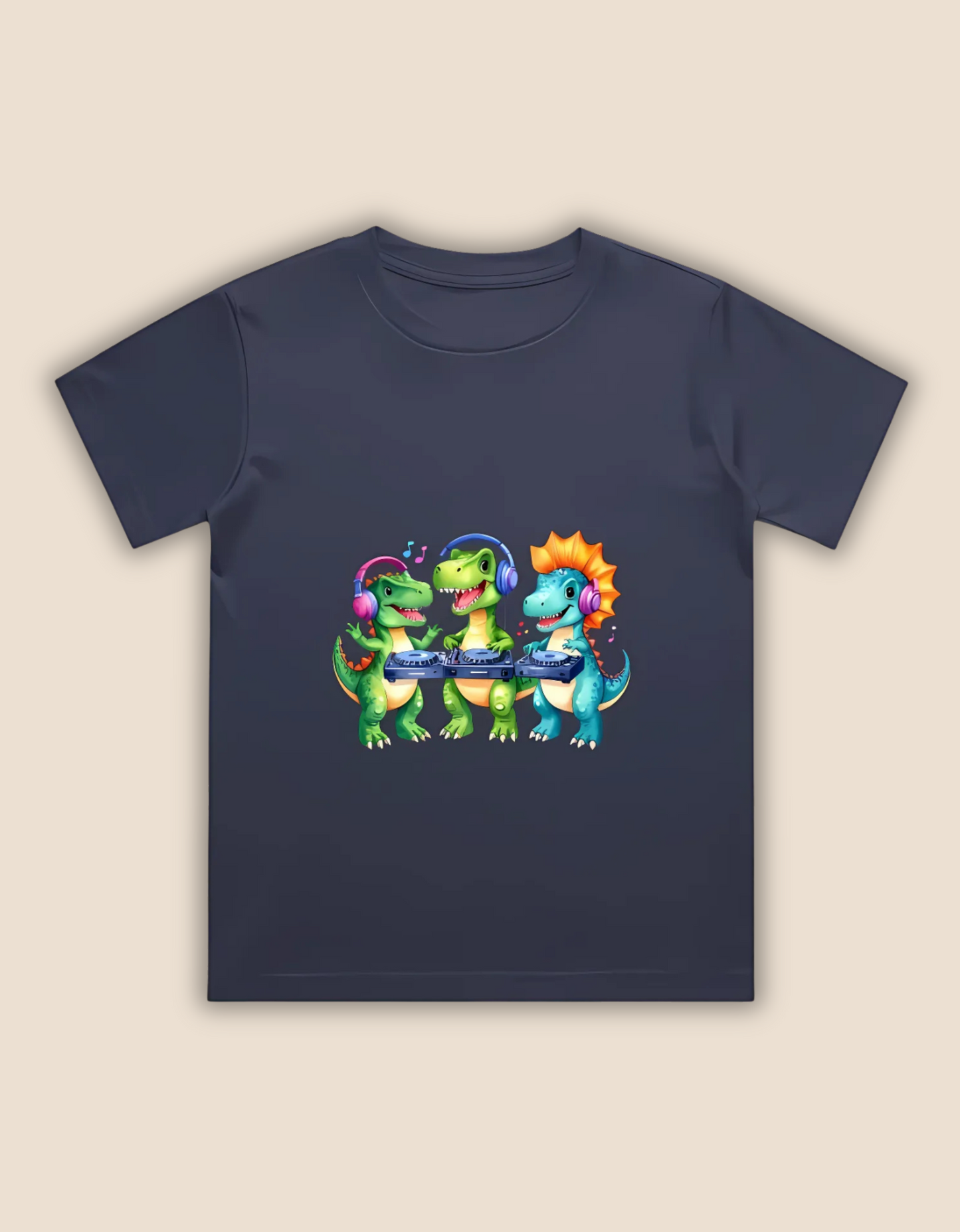 Boys’ Crew Neck T-Shirt – Cute DJ Dinosaurs Print | 180 GSM 100% Cotton, Bio-Washed, Regular Fit