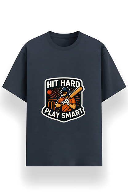 Hit Hard Play Smart Cricket Graphic Men’s T-Shirt – 180 GSM | Poly Cotton | Recycled Fabric | Unisex Fit