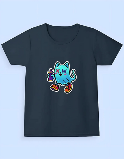 Girls' Classic Cotton T-Shirt – Ghost Cat Graffiti Print | 180 GSM | 100% Super Combed Cotton | Street Style for Kids