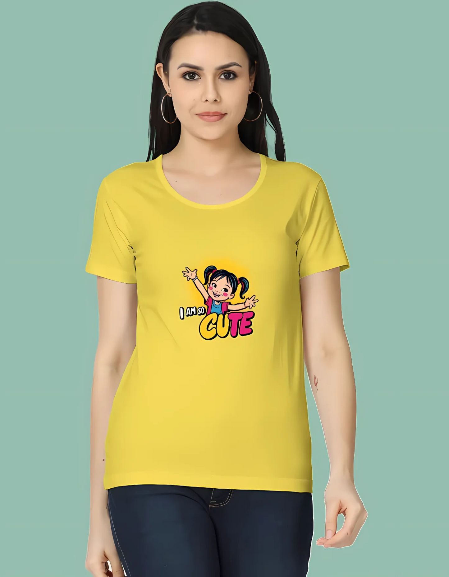 Women’s Classic Cotton T-Shirt – “I Am So Cute” Cartoon Girl Graphic | 180 GSM | Regular Fit | Vibrant Print