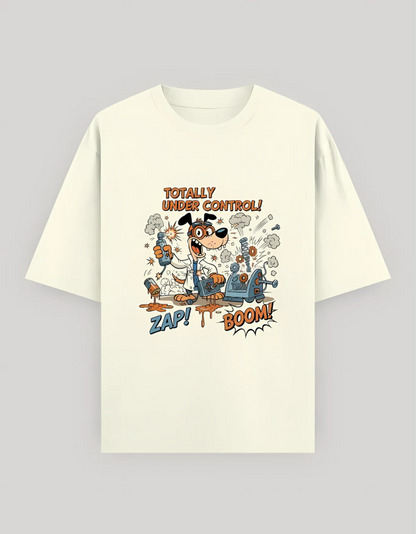 Unisex Oversized Fit Classic T-Shirt – “Totally Under Control!” Cartoon Dog Scientist Print | 240 GSM 100% Cotton, Bio-Washed