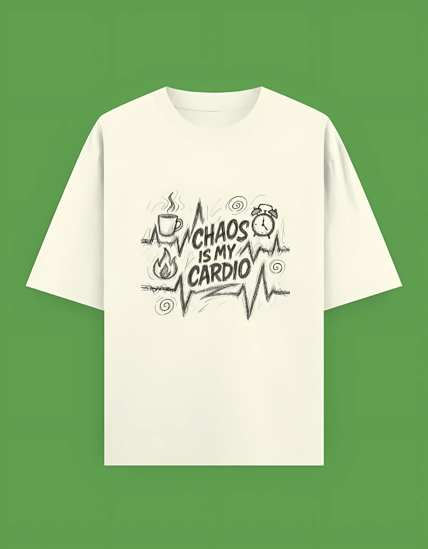 Unisex Oversized Terry T-Shirt – Chaos Is My Cardio Graphic | 280 GSM Cotton Blend | Drop Shoulder Fit