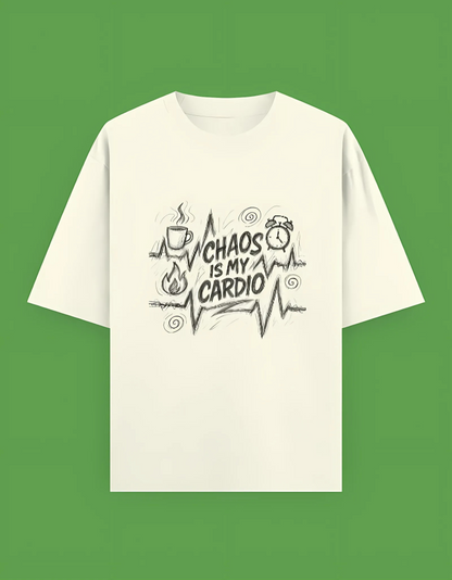 Unisex Oversized Terry T-Shirt – Chaos Is My Cardio Graphic | 280 GSM Cotton Blend | Drop Shoulder Fit