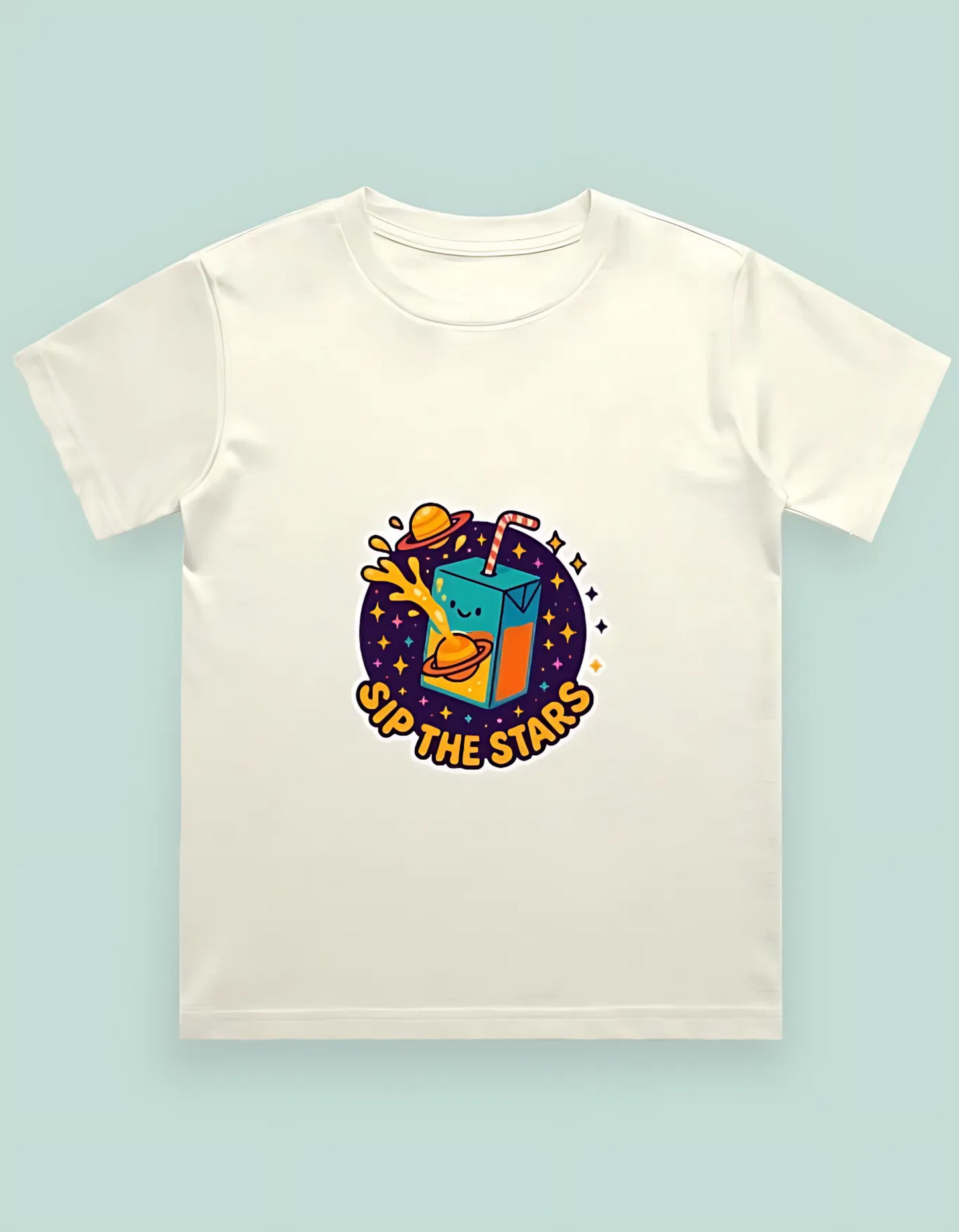 Boys’ Classic Cotton T-Shirt – “Sip the Stars” Space Juice Box Print | 180 GSM | 100% Super Combed Cotton | Fun Unisex Fit