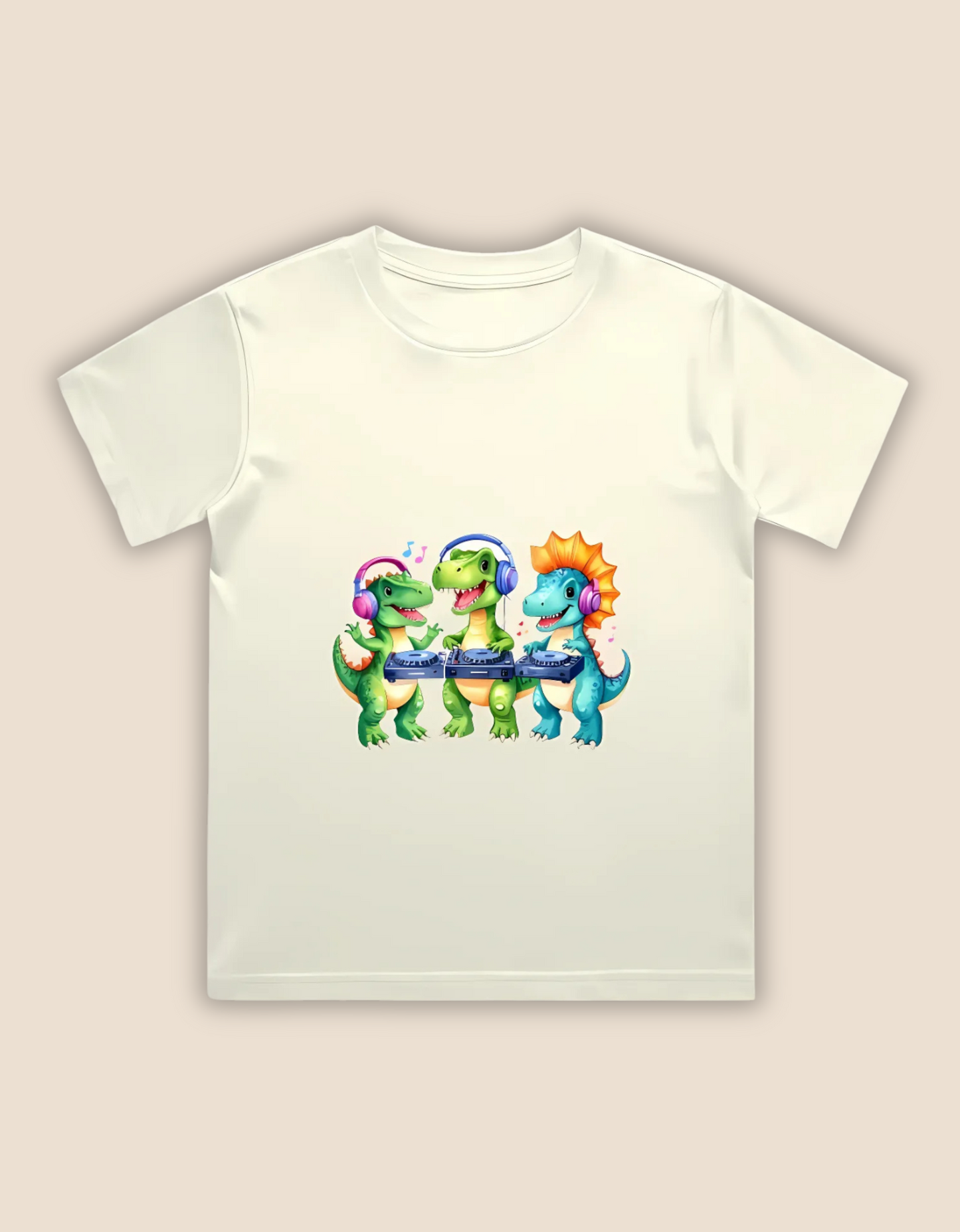 Boys’ Crew Neck T-Shirt – Cute DJ Dinosaurs Print | 180 GSM 100% Cotton, Bio-Washed, Regular Fit