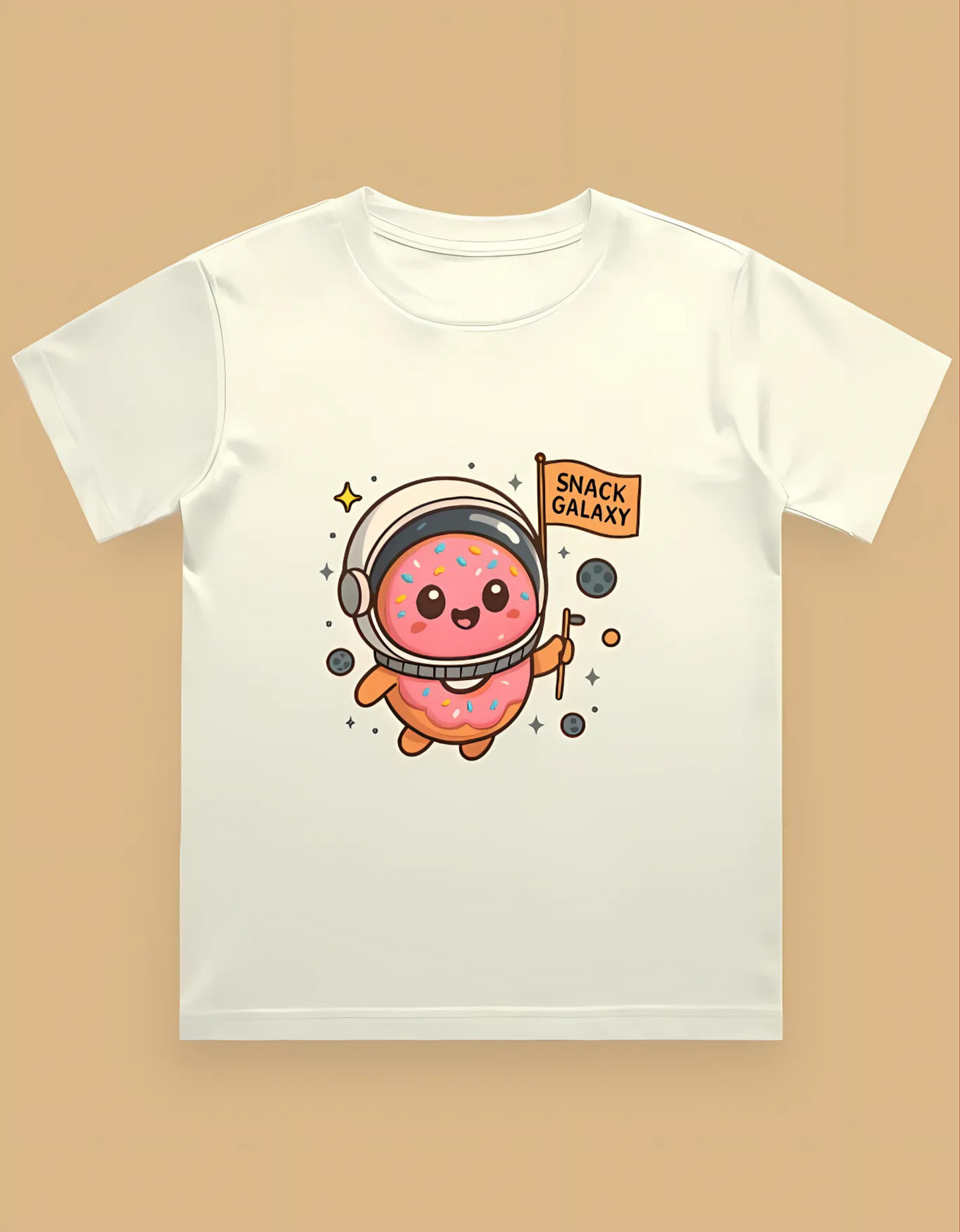 Boys' Crew Neck T-Shirt – “Snack Galaxy” Donut Astronaut Print | 100% Cotton | 180 GSM | Bio-Washed | Regular Fit Tee