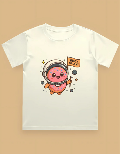 Boys' Crew Neck T-Shirt – “Snack Galaxy” Donut Astronaut Print | 100% Cotton | 180 GSM | Bio-Washed | Regular Fit Tee