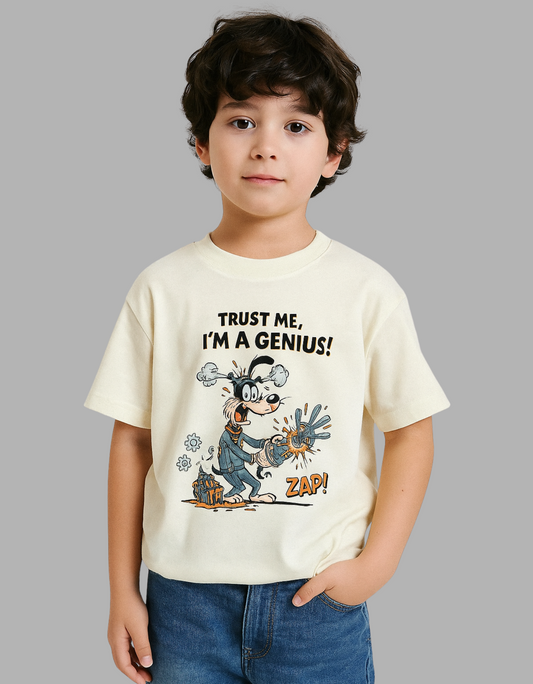 Boy’s Crew Neck T-Shirt – “Trust Me, I’m a Genius!” Funny Cartoon Dog Print | 180 GSM 100% Cotton, Bio-Washed, Pre-Shrunk