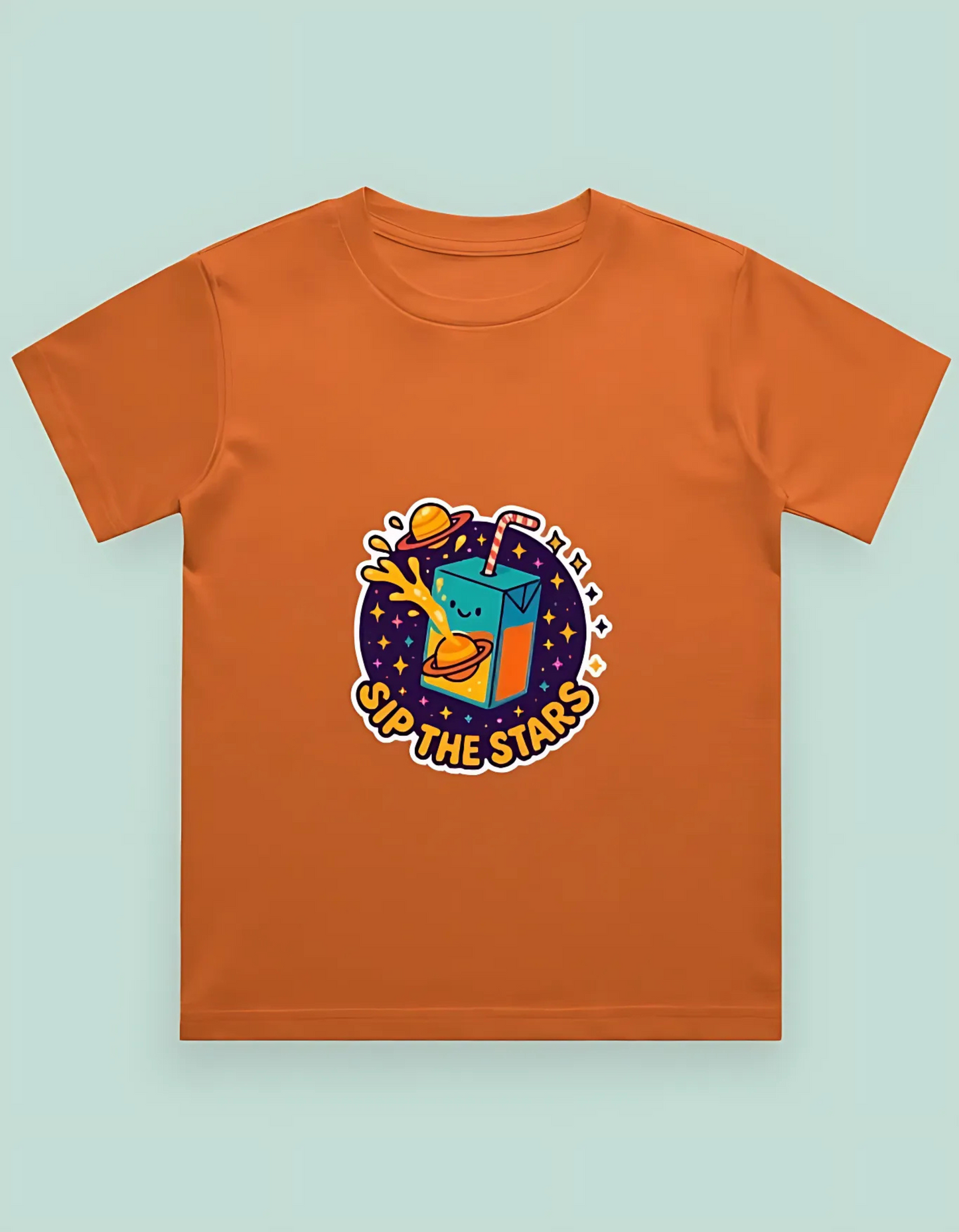 Boys’ Classic Cotton T-Shirt – “Sip the Stars” Space Juice Box Print | 180 GSM | 100% Super Combed Cotton | Fun Unisex Fit