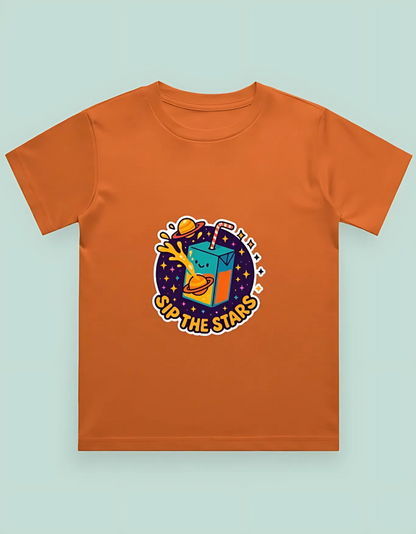 Boys’ Classic Cotton T-Shirt – “Sip the Stars” Space Juice Box Print | 180 GSM | 100% Super Combed Cotton | Fun Unisex Fit