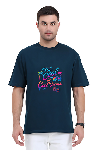 Men’s Oversized T-Shirt – 240 GSM Cotton | “Too Cool for Cool-Downs” Neon Graphic | Unisex Fit | Bio-Washed & Pre-Shrunk