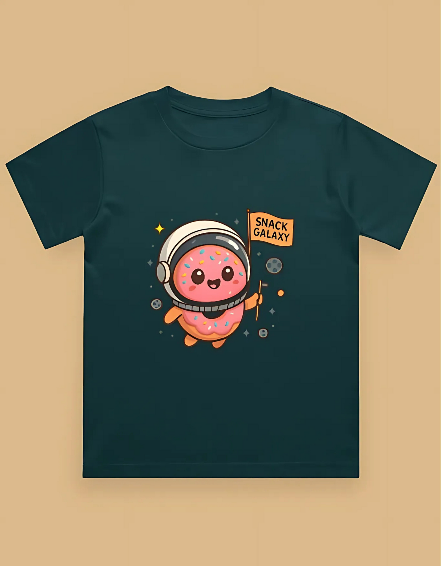 Boys' Crew Neck T-Shirt – “Snack Galaxy” Donut Astronaut Print | 100% Cotton | 180 GSM | Bio-Washed | Regular Fit Tee