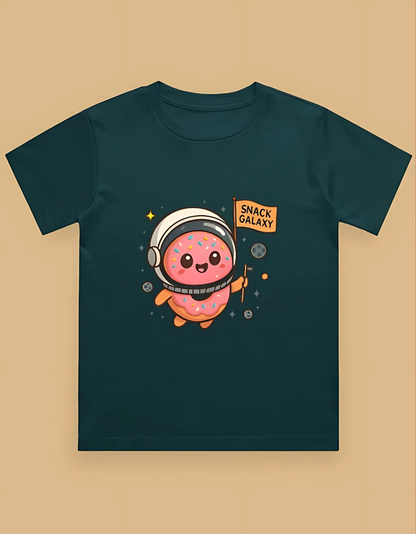 Boys' Crew Neck T-Shirt – “Snack Galaxy” Donut Astronaut Print | 100% Cotton | 180 GSM | Bio-Washed | Regular Fit Tee
