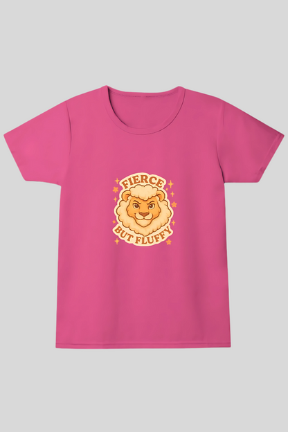 Girls' 100% Cotton T-Shirt for Kids | “Fierce But Fluffy” Cute Lion Print | 180 GSM | Pre-Shrunk | Soft & Bio-Washed