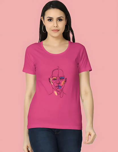 Women’s Classic T-Shirt with Abstract Face Art Print | 180 GSM Super Combed Cotton | Minimal Line Aesthetic Tee