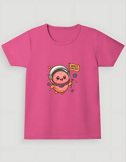 Girls’ Crew Neck T-Shirt – “Snack Galaxy” Donut Astronaut Print | 180 GSM | 100% Cotton | Bio-Washed | Super Combed | Pre-Shrunk