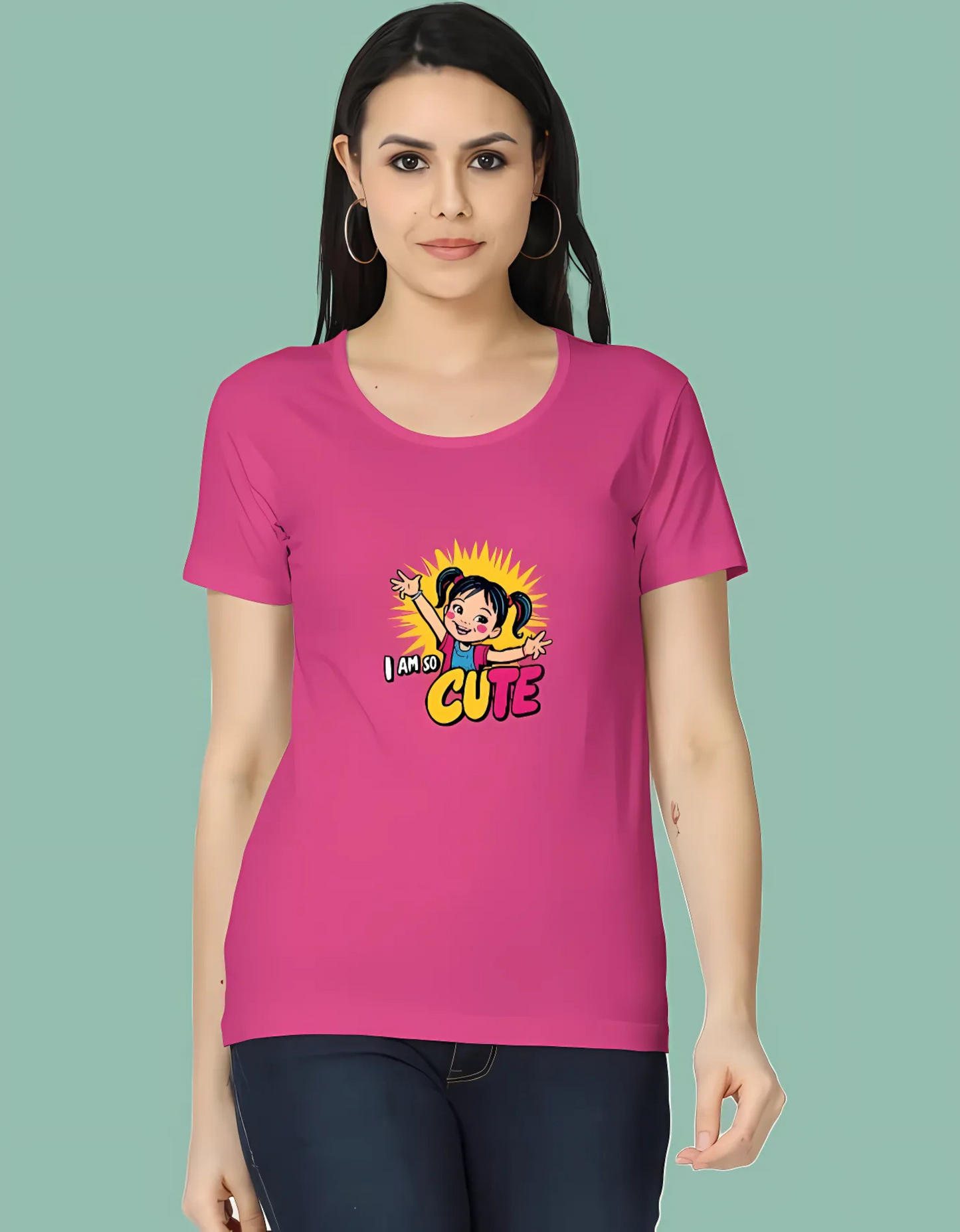 Women’s Classic Cotton T-Shirt – “I Am So Cute” Cartoon Girl Graphic | 180 GSM | Regular Fit | Vibrant Print