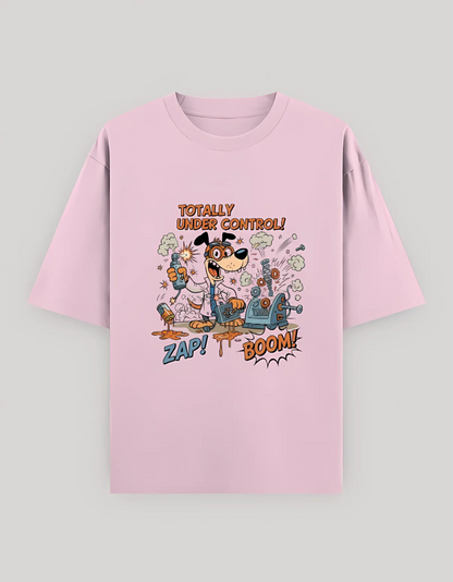 Unisex Oversized Fit Classic T-Shirt – “Totally Under Control!” Cartoon Dog Scientist Print | 240 GSM 100% Cotton, Bio-Washed