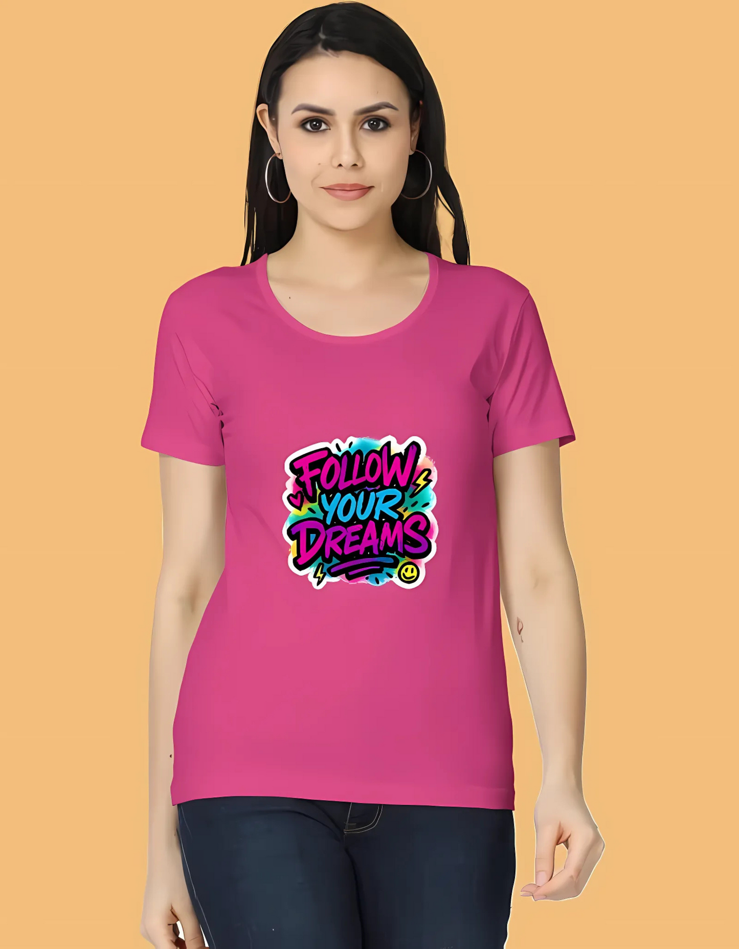Women’s Classic Fit T-Shirt – “Follow Your Dreams” Neon Graffiti Print | 100% Cotton | 180 GSM