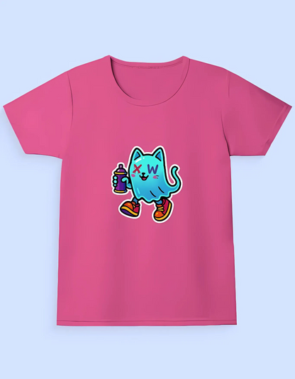 Girls' Classic Cotton T-Shirt – Ghost Cat Graffiti Print | 180 GSM | 100% Super Combed Cotton | Street Style for Kids