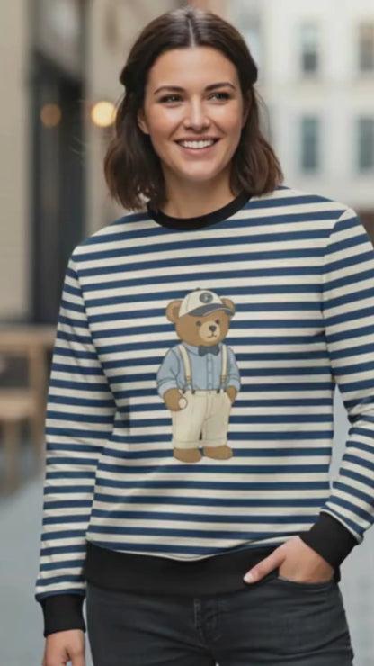 Dapper Teddy Bear Striped Unisex Sweatshirt | 240 GSM Premium Poly Fleece AOP Sweatshirt
