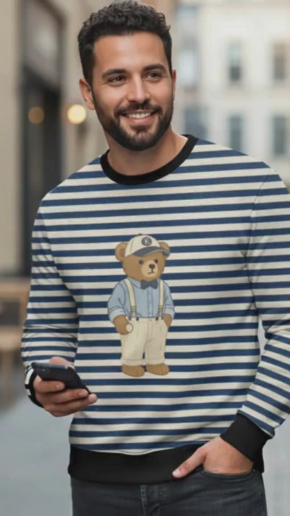 Dapper Teddy Bear Striped Unisex Sweatshirt | 240 GSM Premium Poly Fleece AOP Sweatshirt