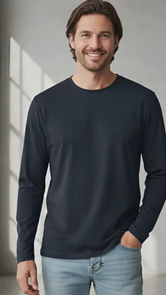Men’s Long Sleeve Plain Navy T-Shirt | 100% Cotton | Regular Fit