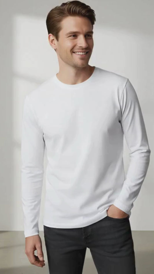Classic White Long Sleeve T-Shirt for Men - 180 GSM Super Combed Cotton Tee