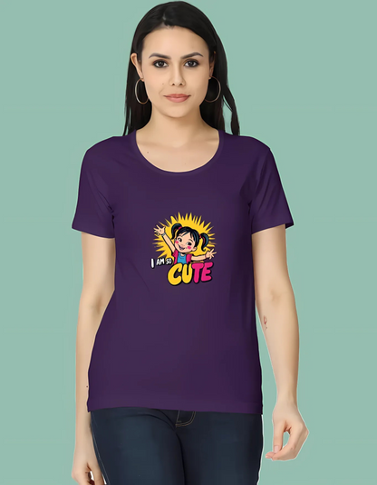 Women’s Classic Cotton T-Shirt – “I Am So Cute” Cartoon Girl Graphic | 180 GSM | Regular Fit | Vibrant Print