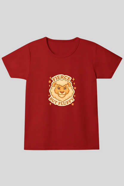 Girls' 100% Cotton T-Shirt for Kids | “Fierce But Fluffy” Cute Lion Print | 180 GSM | Pre-Shrunk | Soft & Bio-Washed