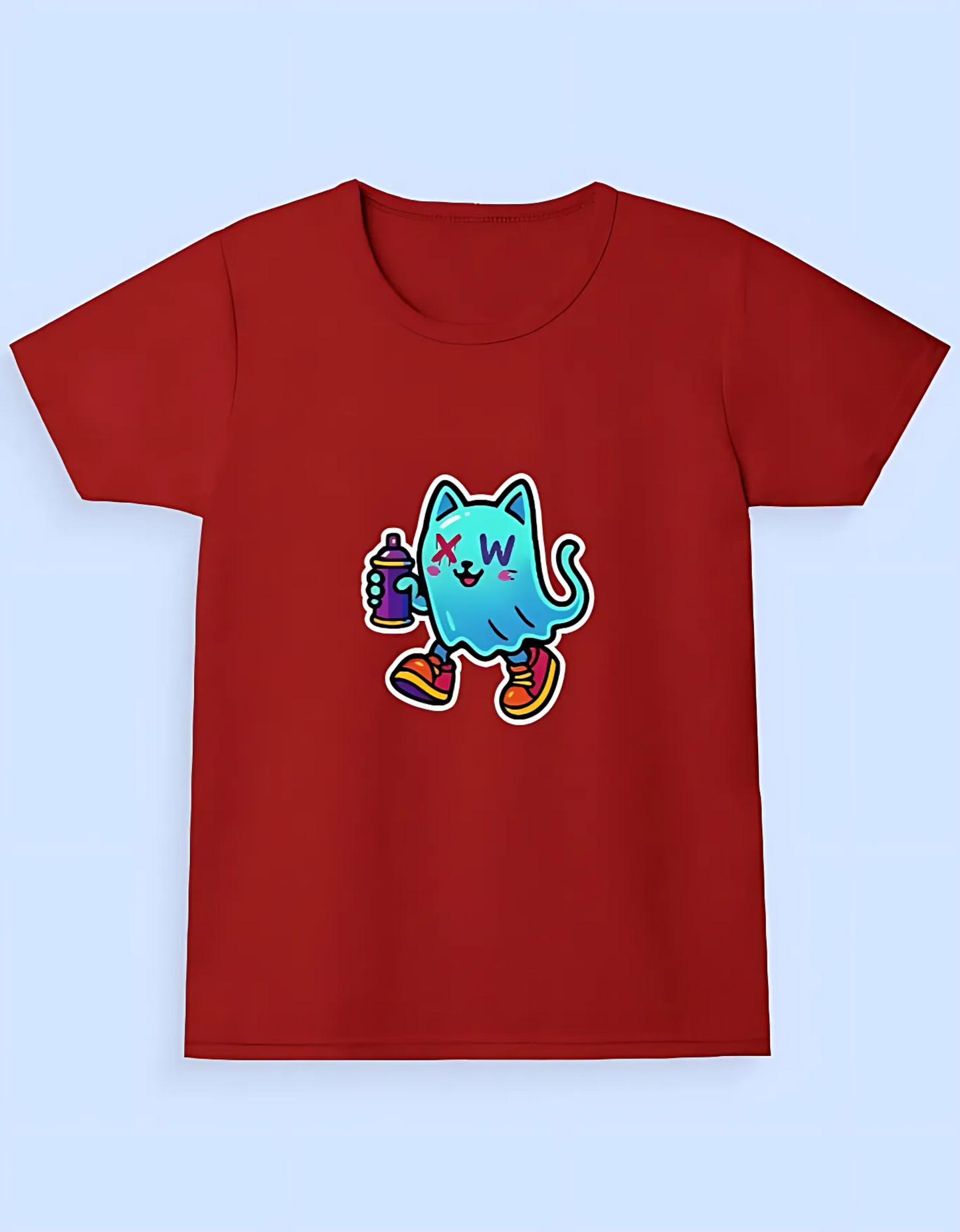 Girls' Classic Cotton T-Shirt – Ghost Cat Graffiti Print | 180 GSM | 100% Super Combed Cotton | Street Style for Kids