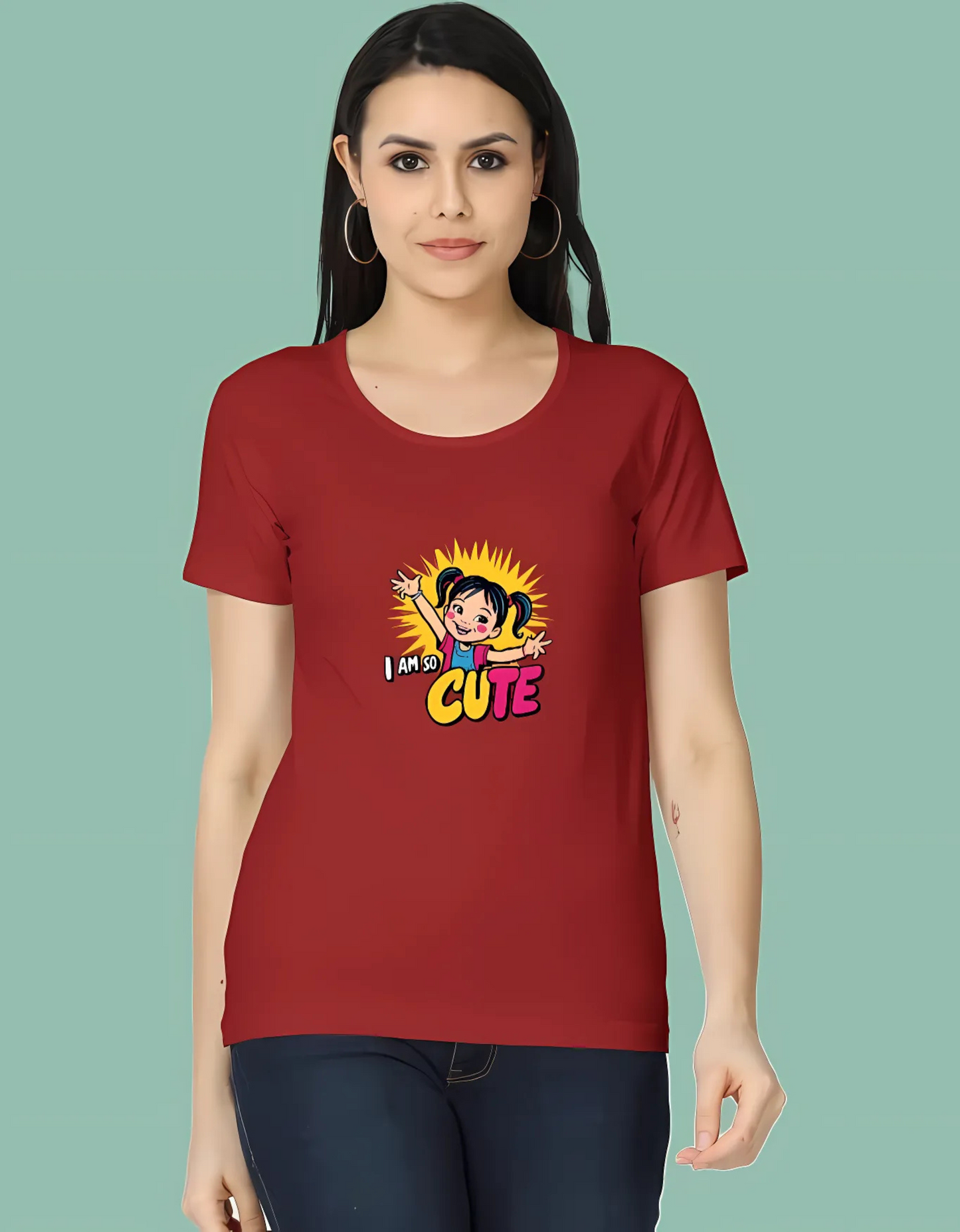 Women’s Classic Cotton T-Shirt – “I Am So Cute” Cartoon Girl Graphic | 180 GSM | Regular Fit | Vibrant Print