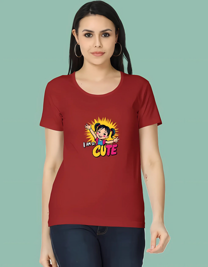 Women’s Classic Cotton T-Shirt – “I Am So Cute” Cartoon Girl Graphic | 180 GSM | Regular Fit | Vibrant Print
