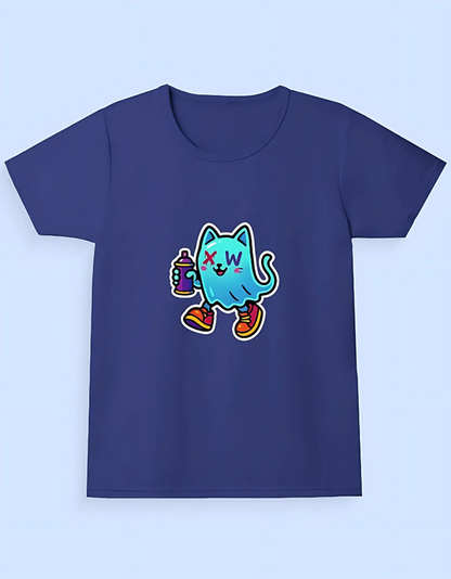 Girls' Classic Cotton T-Shirt – Ghost Cat Graffiti Print | 180 GSM | 100% Super Combed Cotton | Street Style for Kids