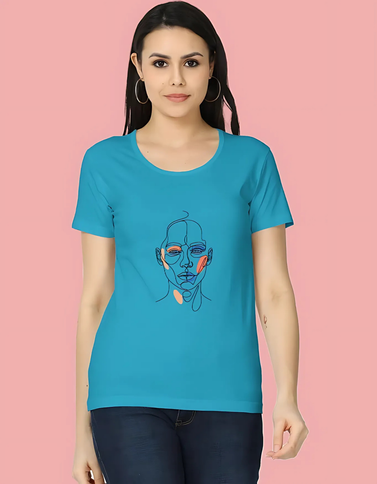 Women’s Classic T-Shirt with Abstract Face Art Print | 180 GSM Super Combed Cotton | Minimal Line Aesthetic Tee