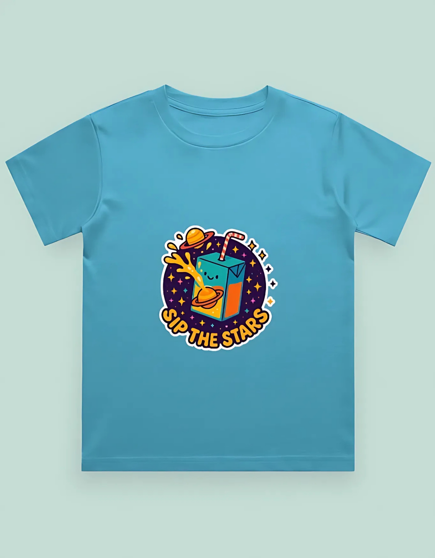 Boys’ Classic Cotton T-Shirt – “Sip the Stars” Space Juice Box Print | 180 GSM | 100% Super Combed Cotton | Fun Unisex Fit