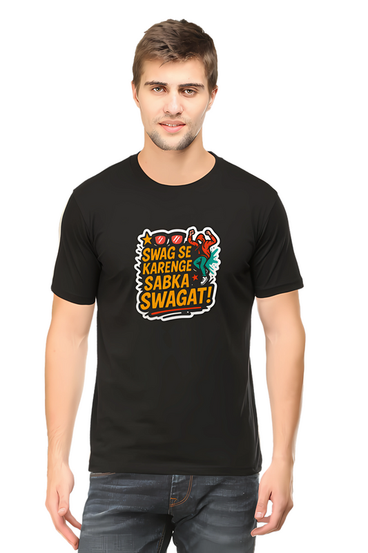 Swag Se Karenge Sabka Swagat T-Shirt for Men – Classic Crew 180 GSM | 100% Cotton Regular Fit Tee