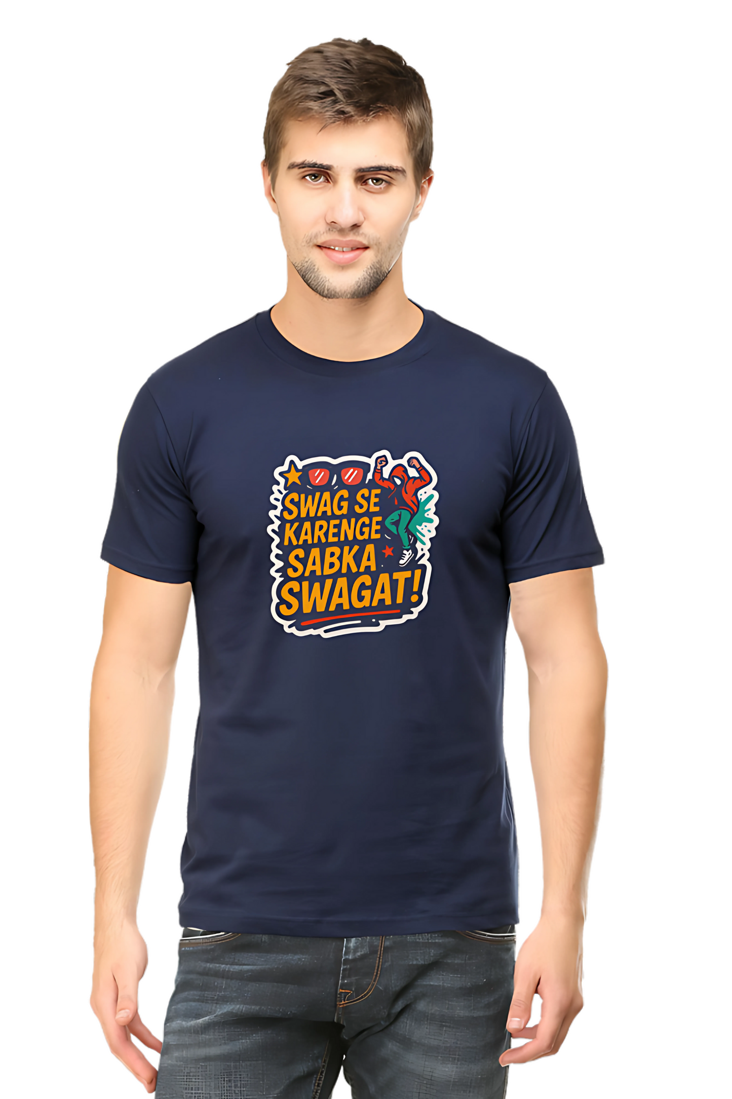 Swag Se Karenge Sabka Swagat T-Shirt for Men – Classic Crew 180 GSM | 100% Cotton Regular Fit Tee