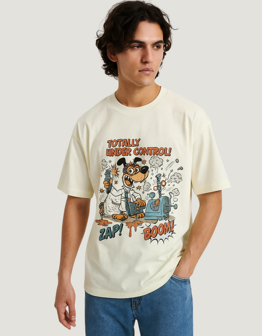 Unisex Oversized Fit Classic T-Shirt – “Totally Under Control!” Cartoon Dog Scientist Print | 240 GSM 100% Cotton, Bio-Washed