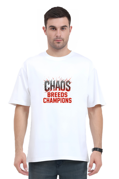 Men’s Oversized Cotton T-Shirt | “Chaos Breeds Champions” Motivational Print | 180 GSM | Gym Streetwear | Unisex Regular Fit