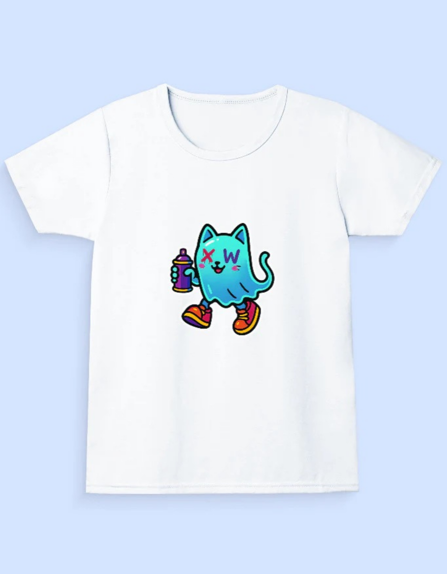 Girls' Classic Cotton T-Shirt – Ghost Cat Graffiti Print | 180 GSM | 100% Super Combed Cotton | Street Style for Kids