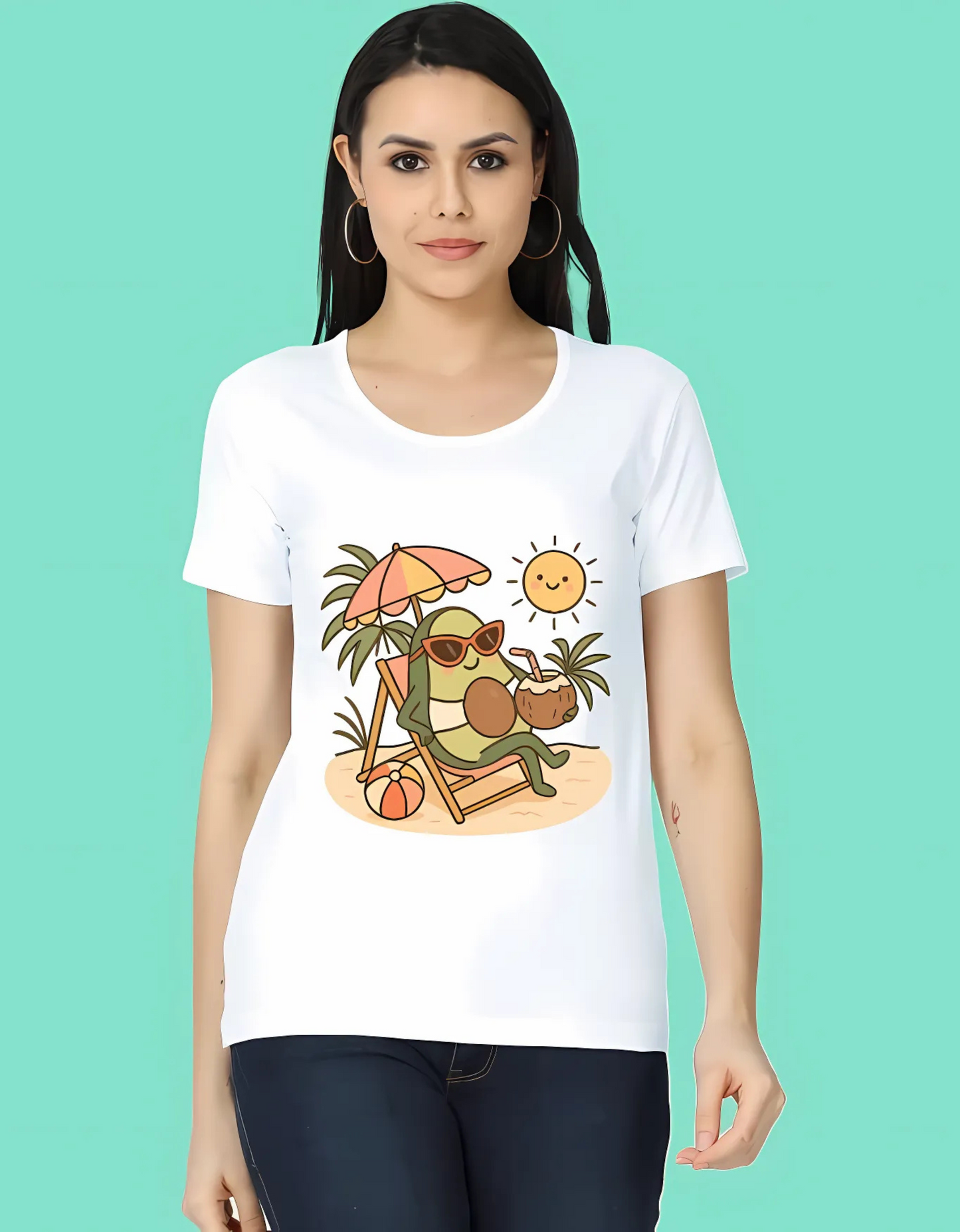 Women’s Classic Fit T-Shirt – Relaxed Avocado Beach Print | 100% Cotton | 180 GSM | Summer Casual Graphic Tee