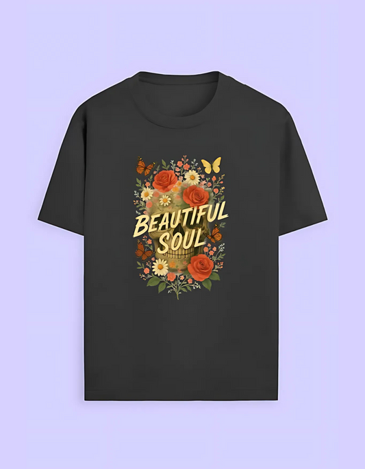 Unisex Regular Fit Cotton T-Shirt – “Beautiful Soul” Floral Skull Graphic | 180 GSM, 100% Cotton