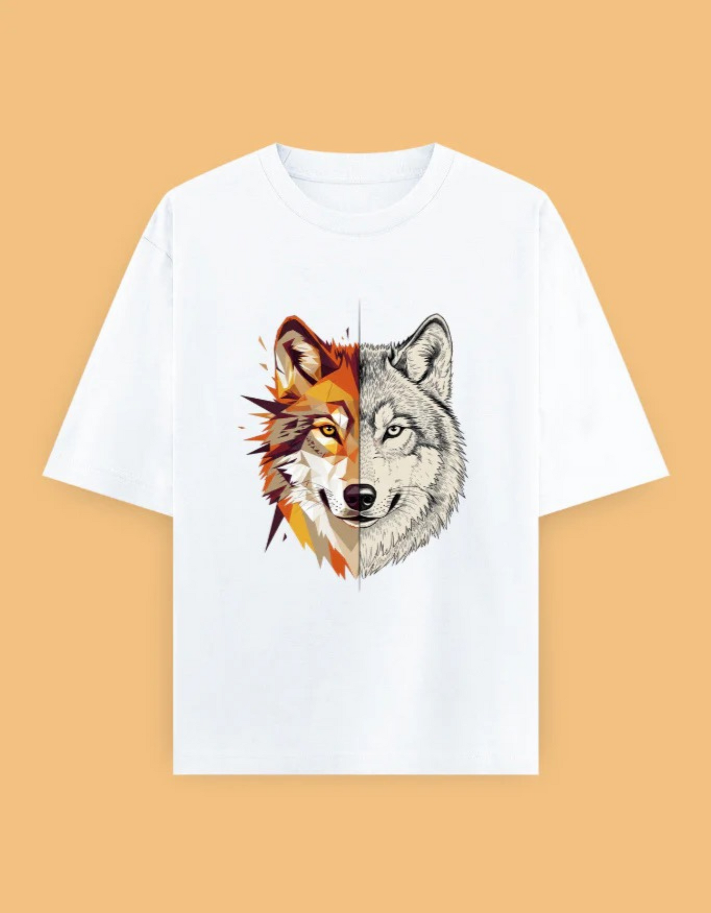 Unisex Oversized T-Shirt with Split Wolf Graphic | 240 GSM 100% Cotton | Artistic Wild Aesthetic Tee
