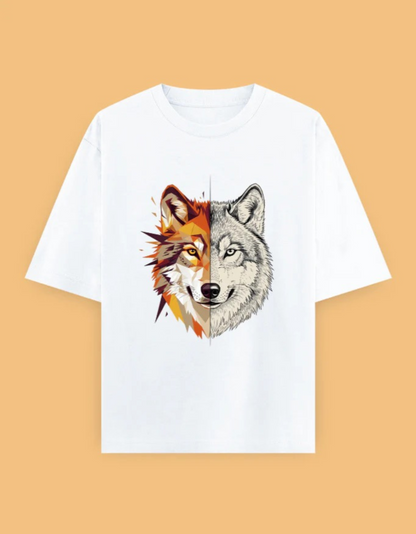 Unisex Oversized T-Shirt with Split Wolf Graphic | 240 GSM 100% Cotton | Artistic Wild Aesthetic Tee